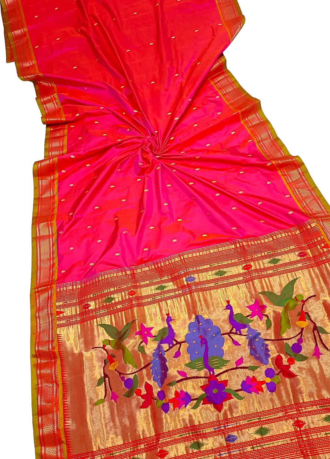 Pink Handloom Paithani Pure Silk Peacock And Parrot Design Saree - Luxurion World