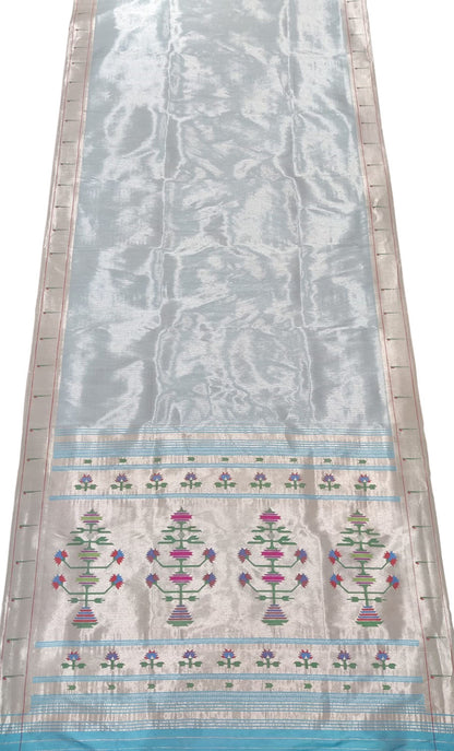 Blue Silver Zari Paithani Handloom Pure Tissue Silk Muniya Border Saree - Luxurion World