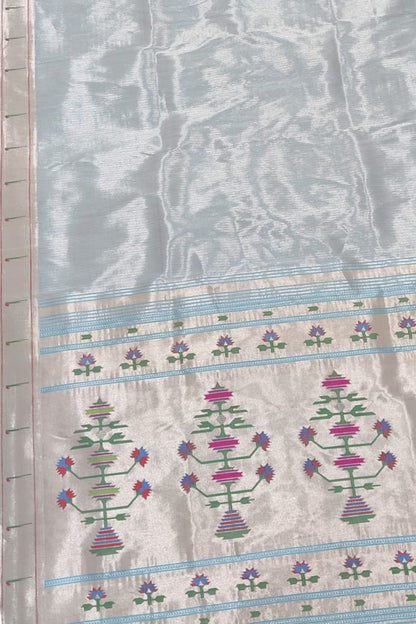 Blue Silver Zari Paithani Handloom Pure Tissue Silk Muniya Border Saree - Luxurion World