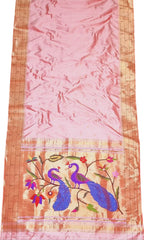 Pink Handloom Paithani Pure Silk Triple Muniya Border Saree - Luxurion World