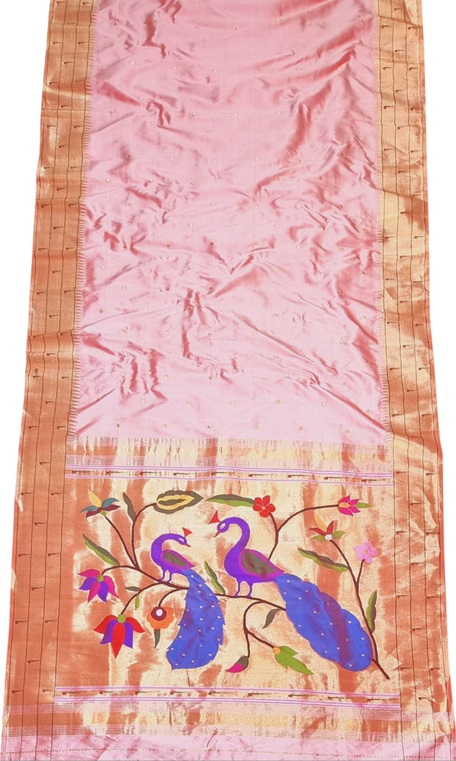 Pink Handloom Paithani Pure Silk Triple Muniya Border Saree - Luxurion World