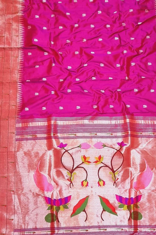 Pink Handloom Paithani Pure Silk Triple Muniya Border Saree