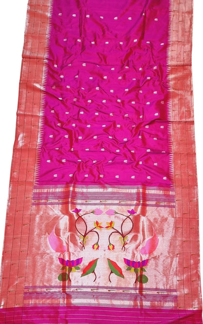 Pink Handloom Paithani Pure Silk Triple Muniya Border Saree - Luxurion World