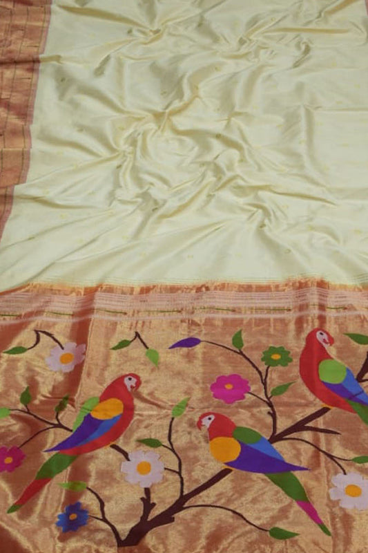 Pastel Handloom Paithani Silk Saree with Triple Muniya Border - Luxurion World