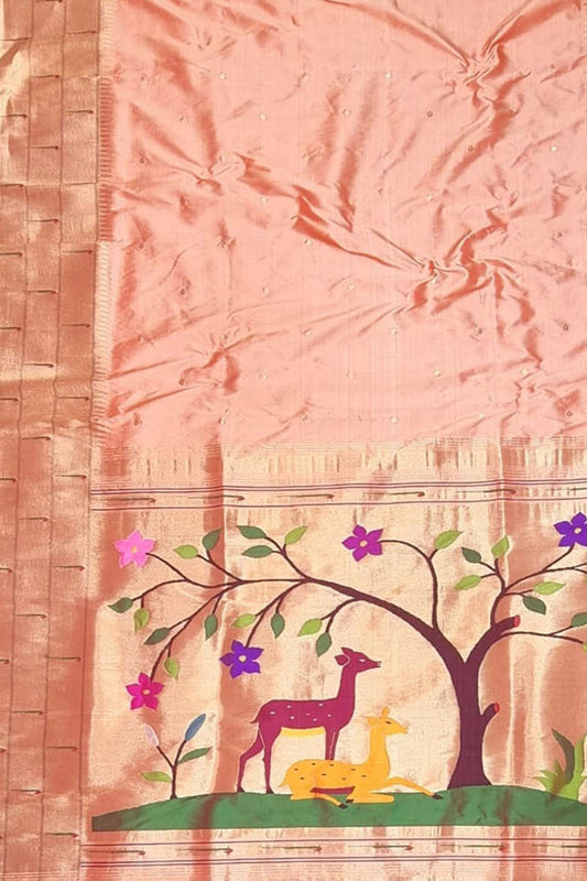 Peach Handloom Paithani Pure Silk Triple Muniya Border Saree: Exquisite Elegance in Every Thread