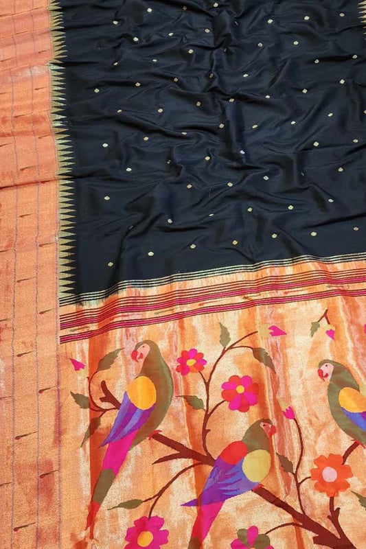 Elegant Black Handloom Paithani Silk Saree with Triple Muniya Border