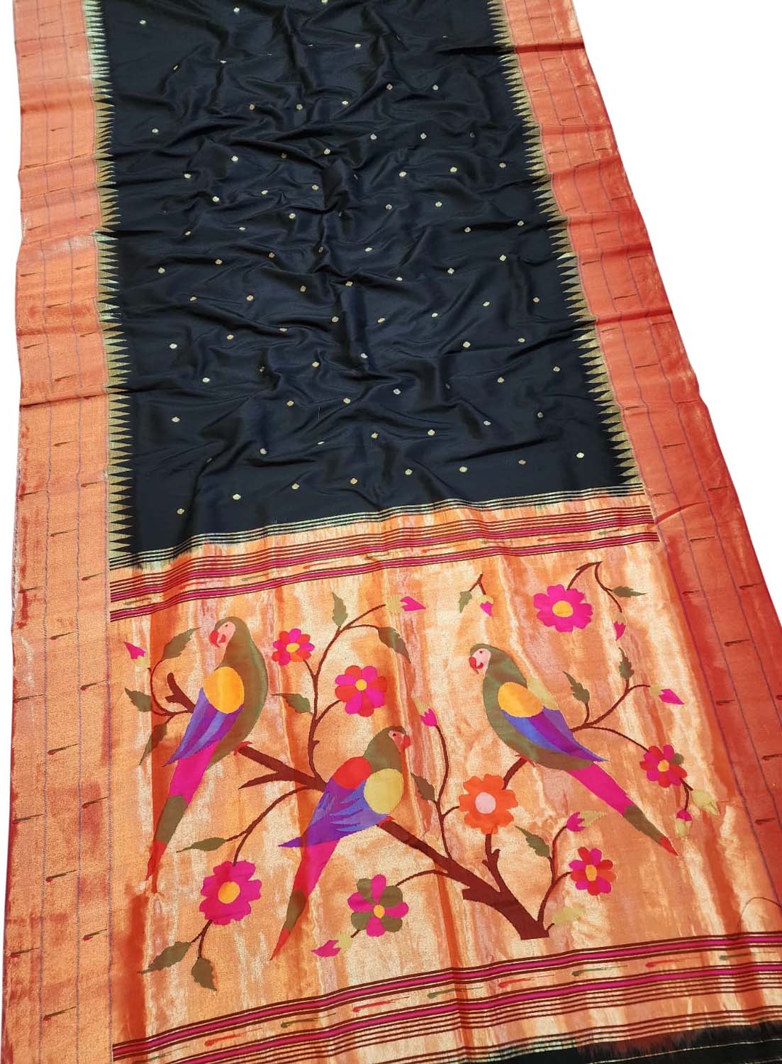 Elegant Black Handloom Paithani Silk Saree with Triple Muniya Border - Luxurion World