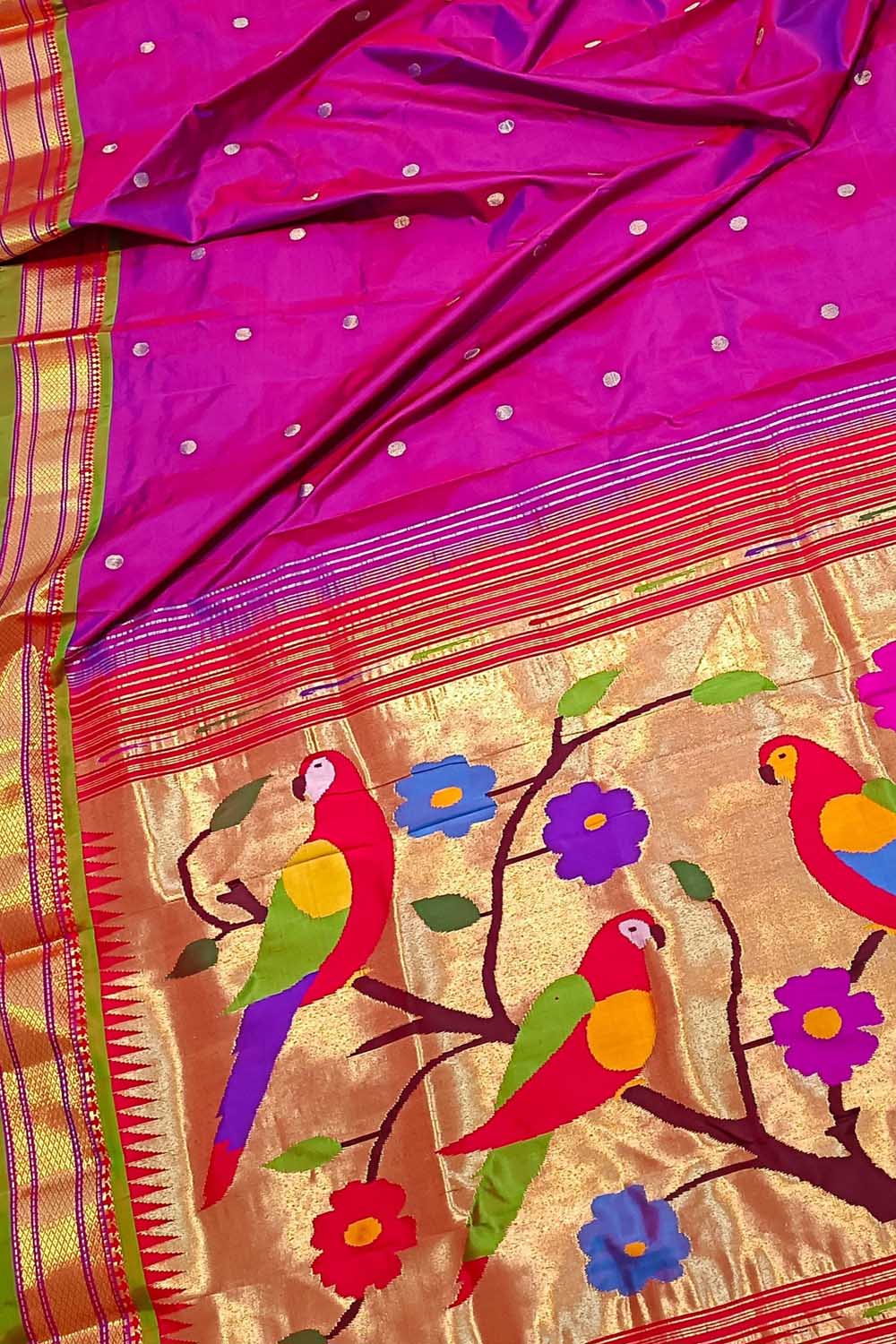 Elegant Pink Handloom Paithani Pure Silk Saree - Luxurion World