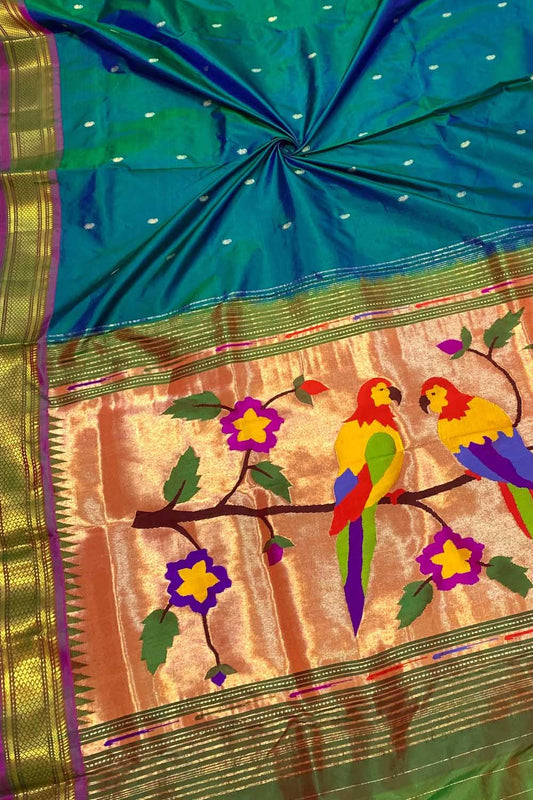 Exquisite Blue Shot Handloom Paithani Pure Silk Saree: Timeless Elegance - Luxurion World