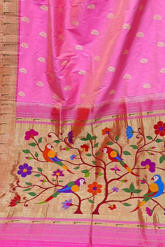 Elegant Pink Handloom Paithani Silk Saree with Muniya Border - Luxurion World