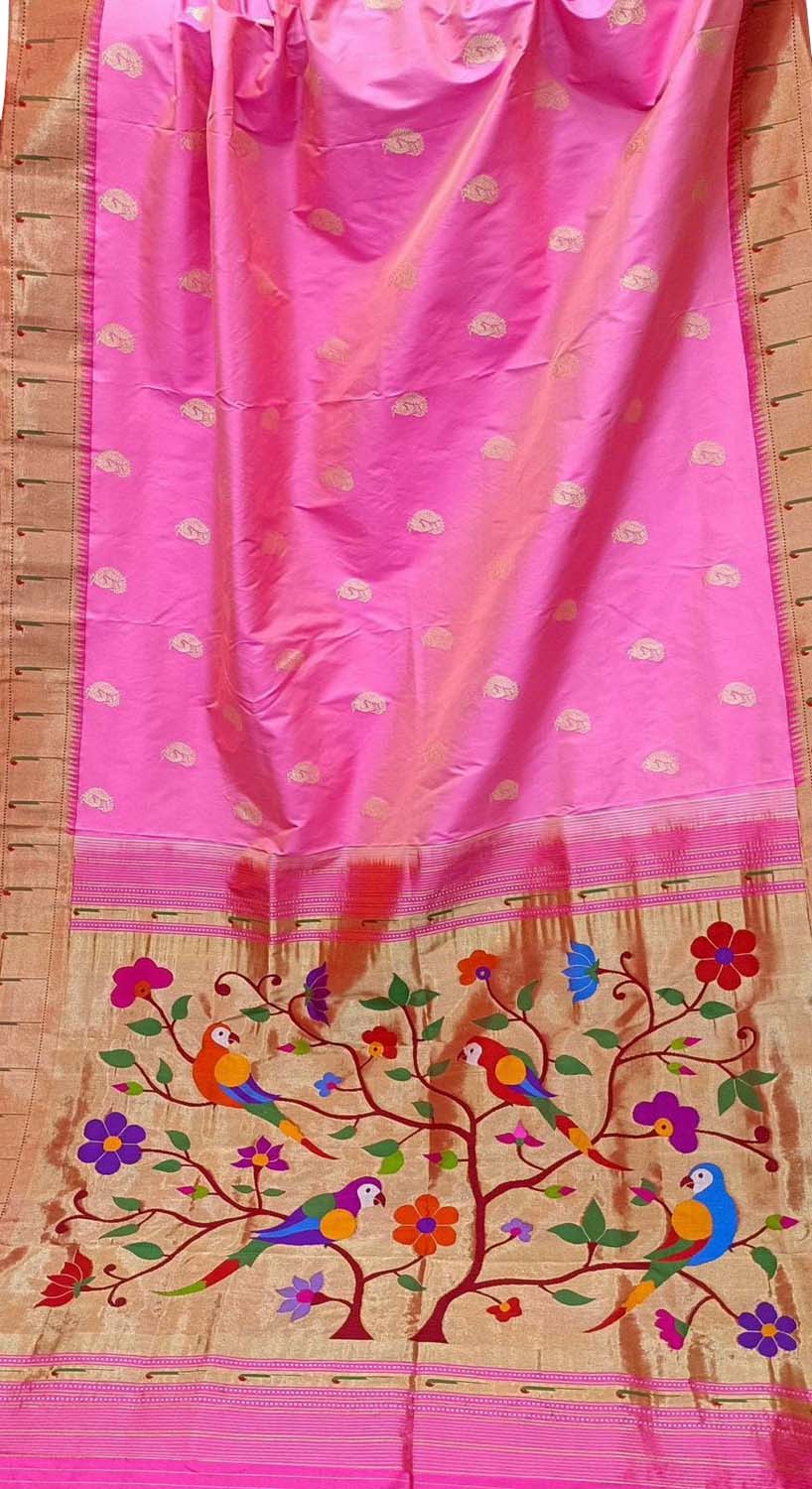 Elegant Pink Handloom Paithani Silk Saree with Muniya Border - Luxurion World