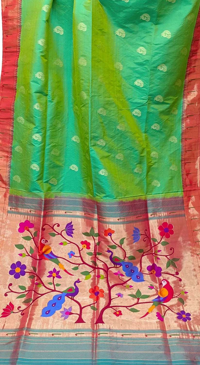Elegant Green Handloom Paithani Silk Saree with Muniya Border - Luxurion World