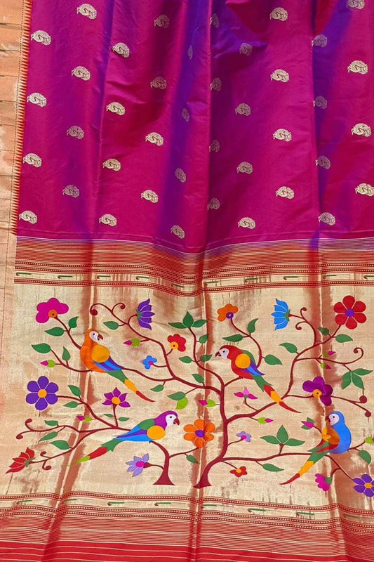 Elegant Purple Handloom Paithani Silk Saree with Muniya Border