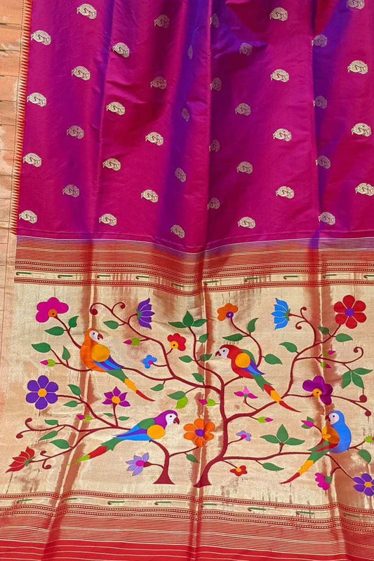 Elegant Purple Handloom Paithani Silk Saree with Muniya Border - Luxurion World