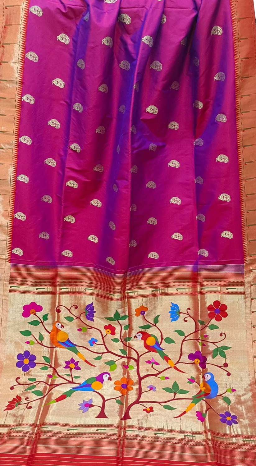 Elegant Purple Handloom Paithani Silk Saree with Muniya Border - Luxurion World