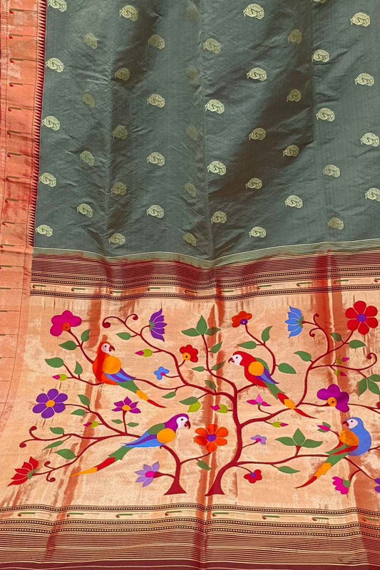 Elegant Grey Handloom Paithani Silk Saree with Muniya Border