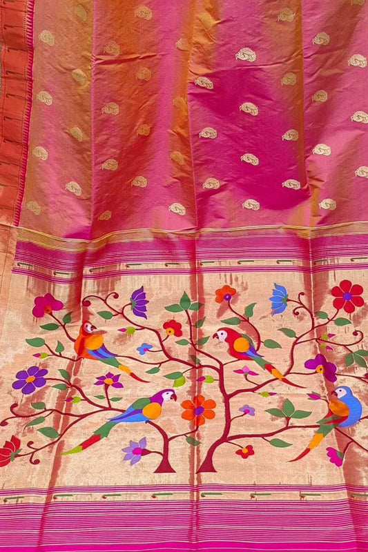 Elegant Pink Handloom Paithani Silk Saree with Muniya Border - Luxurion World