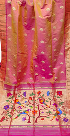 Elegant Pink Handloom Paithani Silk Saree with Muniya Border - Luxurion World