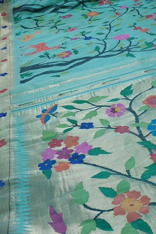 Blue Handloom Paithani Pure Silk Flower Design Saree