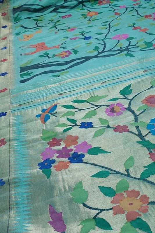 Blue Handloom Paithani Pure Silk Flower Design Saree - Luxurion World