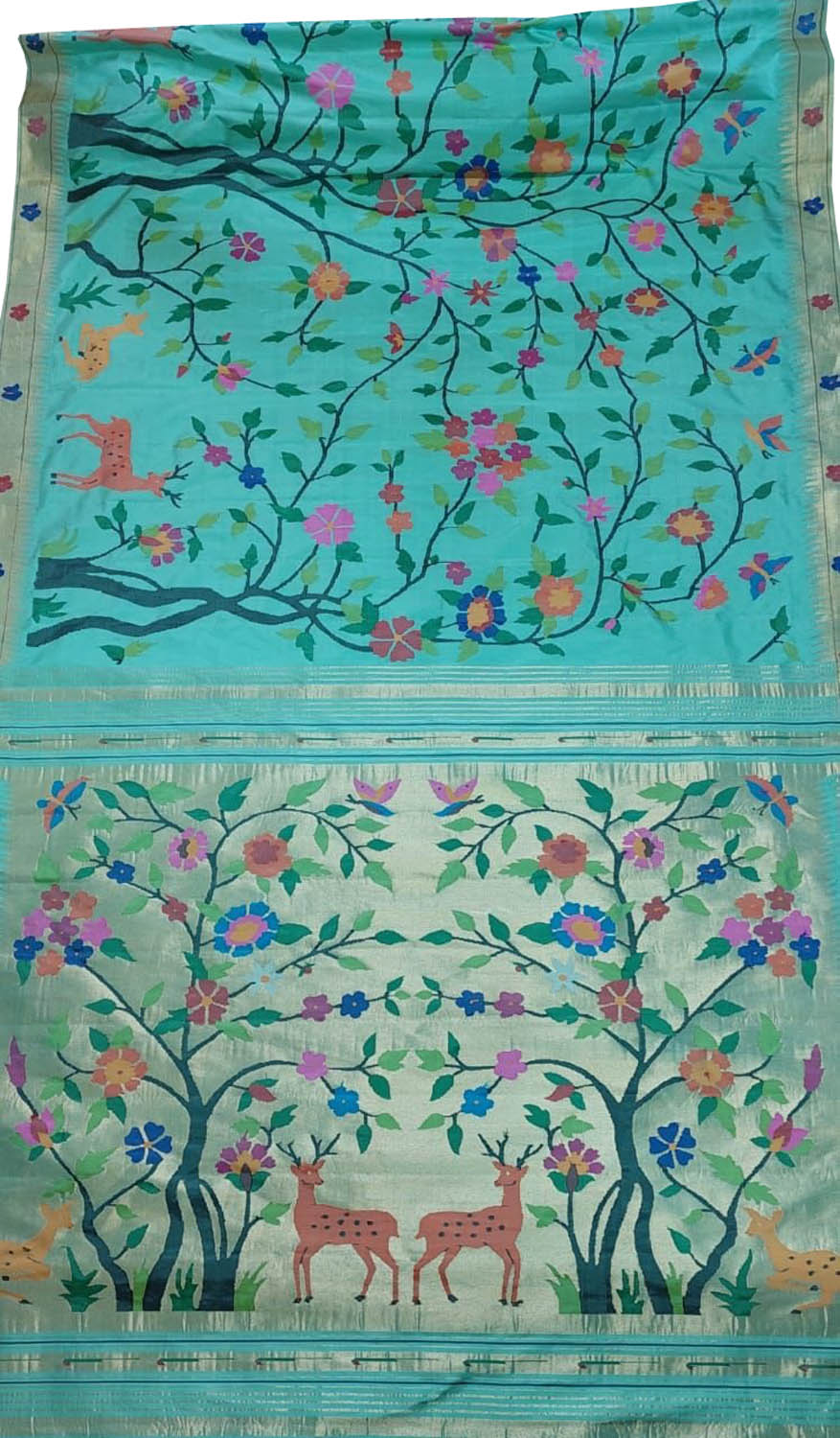 Blue Handloom Paithani Pure Silk Flower Design Saree - Luxurion World