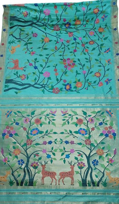 Blue Handloom Paithani Pure Silk Flower Design Saree - Luxurion World