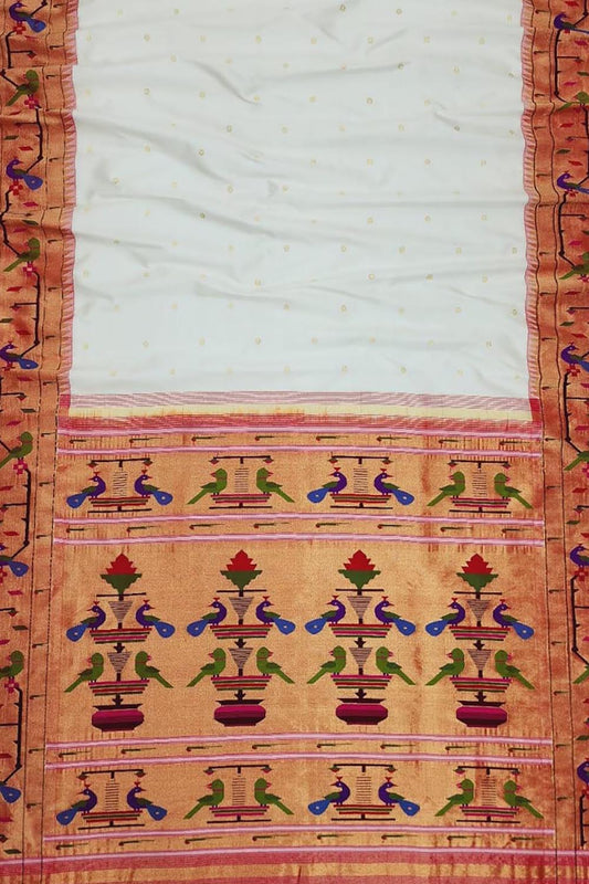 Off White Handloom Paithani Pure Silk Peacock And Parrot Design Saree - Luxurion World