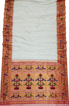 Off White Handloom Paithani Pure Silk Peacock And Parrot Design Saree - Luxurion World
