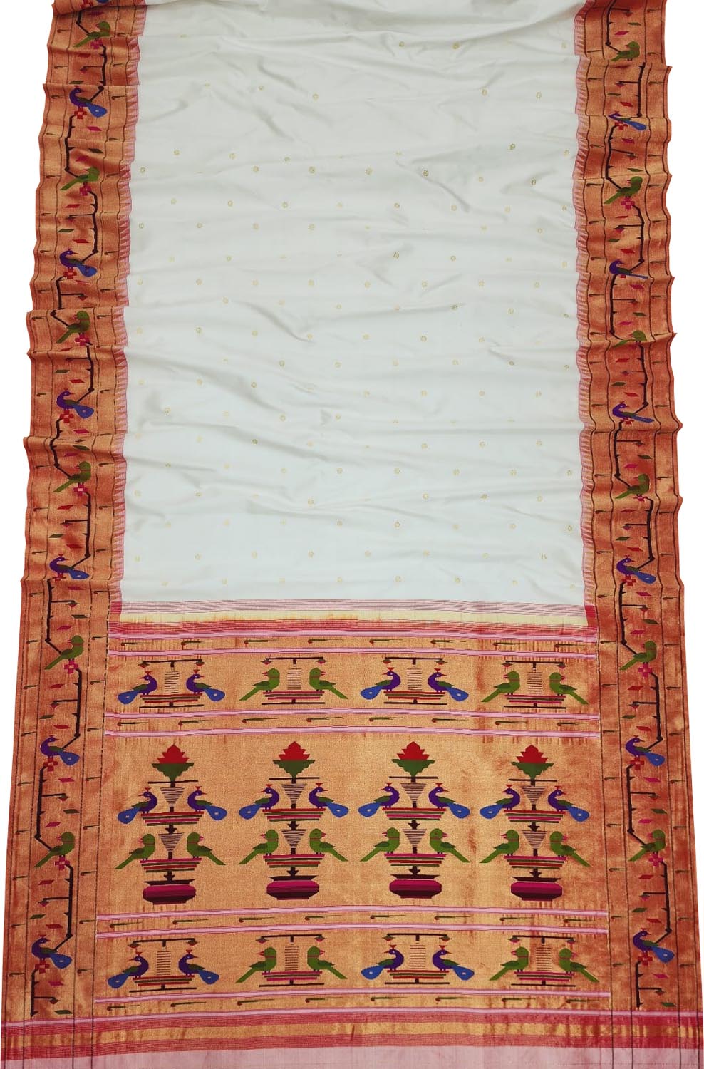 Off White Handloom Paithani Pure Silk Peacock And Parrot Design Saree - Luxurion World