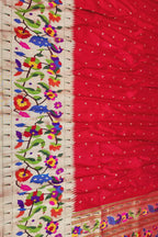 Red Handloom Paithani Pure Silk Muniya Border Peacock And Parrot Design Saree - Luxurion World