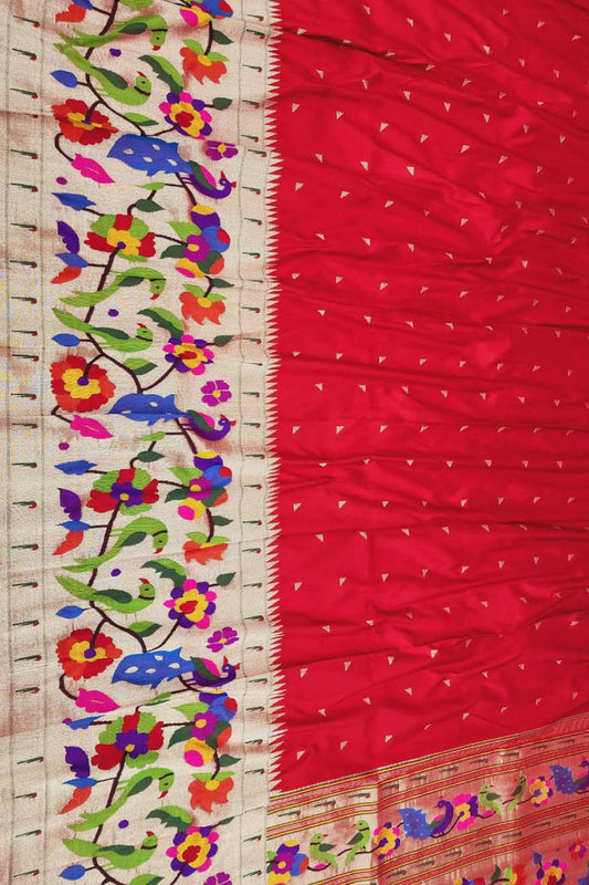 Red Handloom Paithani Pure Silk Muniya Border Peacock And Parrot Design Saree - Luxurion World