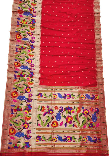 Red Handloom Paithani Pure Silk Muniya Border Peacock And Parrot Design Saree - Luxurion World