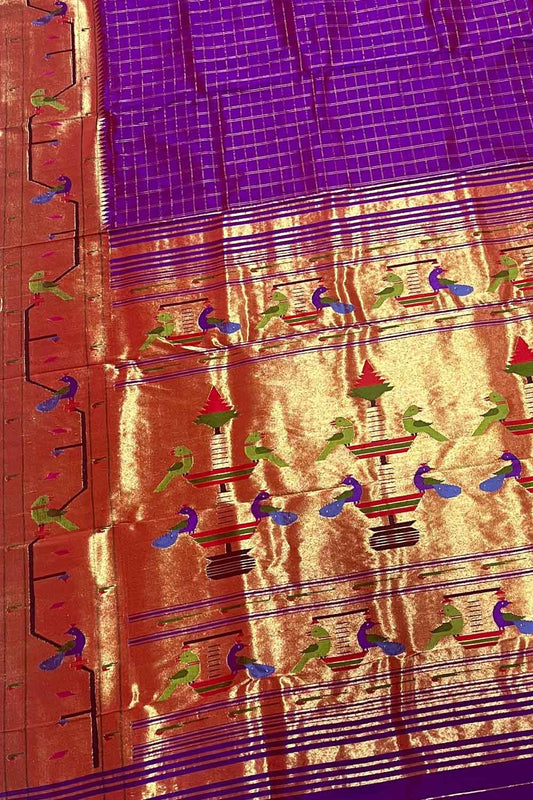 Purple Paithani Handloom Pure Silk Muniya Border Peacock And Parrot Design Saree - Luxurion World