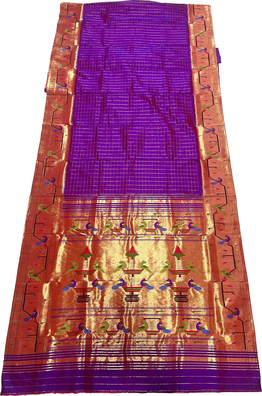 Purple Paithani Handloom Pure Silk Muniya Border Peacock And Parrot Design Saree - Luxurion World