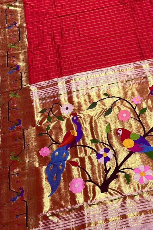 Red Paithani Handloom Pure Silk Muniya Border Peacock And Parrot Design Saree - Luxurion World