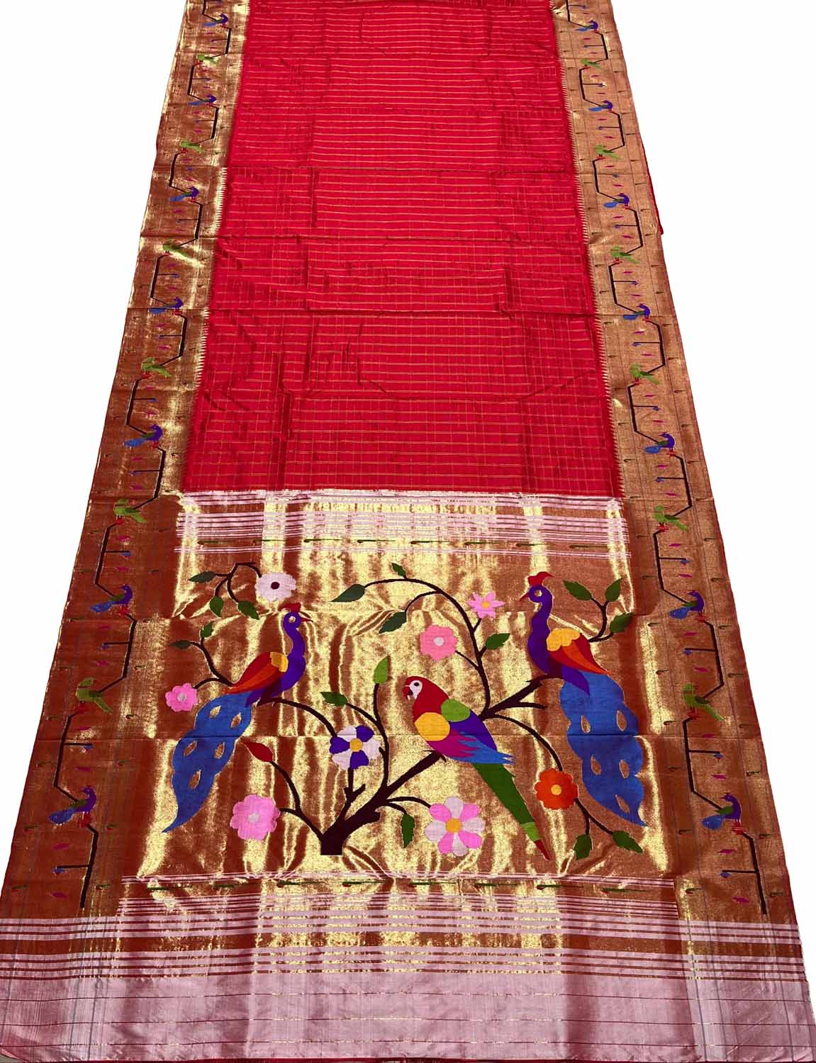 Red Paithani Handloom Pure Silk Muniya Border Peacock And Parrot Design Saree - Luxurion World