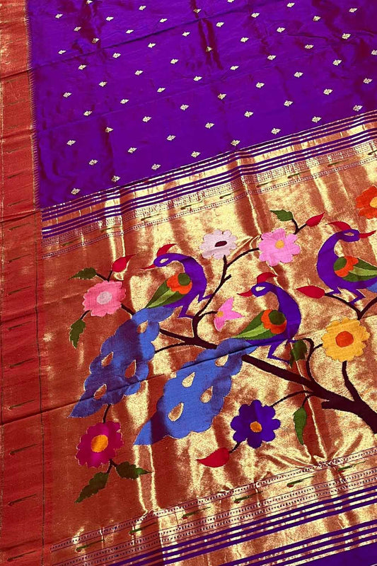 Purple Paithani Handloom Pure Silk Peacock And Flower Design Saree - Luxurion World