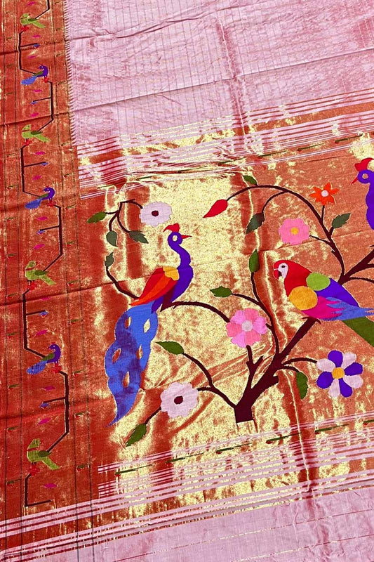 Pink Paithani Handloom Pure Silk Muniya Border Peacock And Parrot Design Saree - Luxurion World