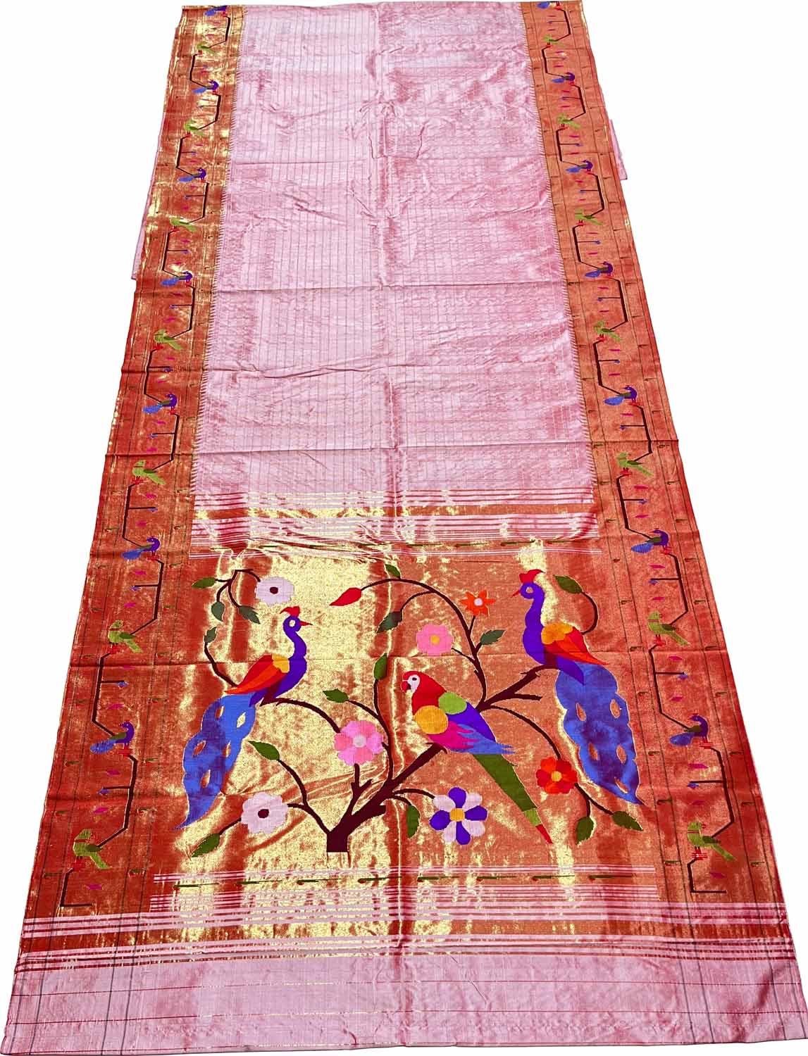 Pink Paithani Handloom Pure Silk Muniya Border Peacock And Parrot Design Saree - Luxurion World