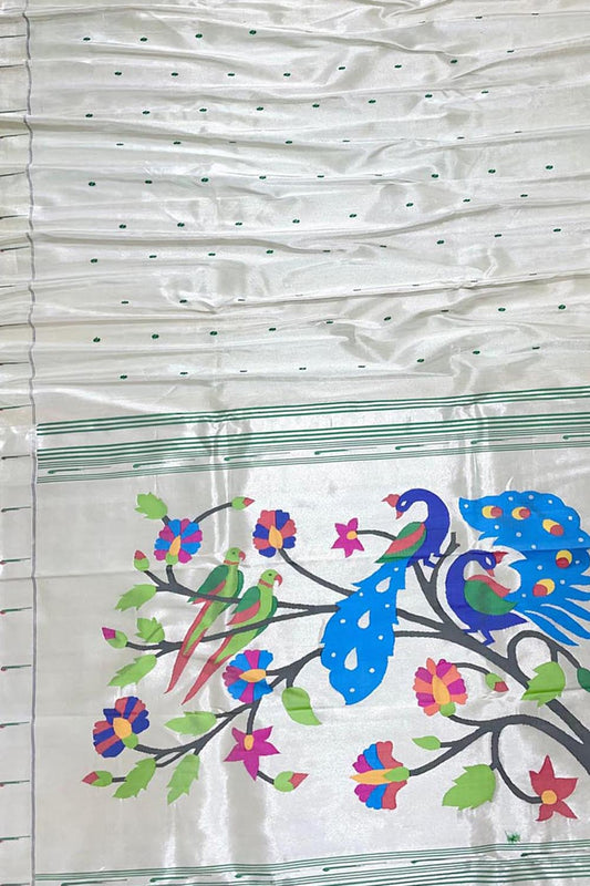Silver Paithani Handloom Pure Tissue Silk Saree - Luxurion World