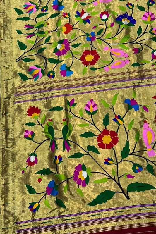 Exquisite Green Paithani Handloom Pure Brocade Tissue Silk Saree