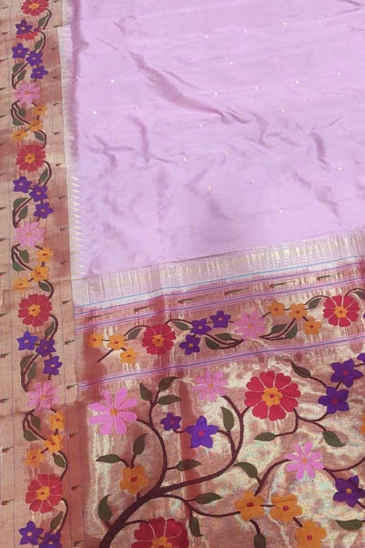 Pink Paithani Handloom Pure Silk Flower Design Saree - Luxurion World