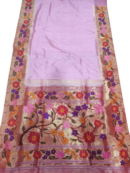 Pink Paithani Handloom Pure Silk Flower Design Saree - Luxurion World