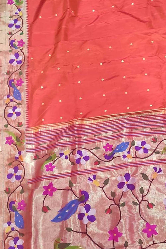 Orange Shot Paithani Handloom Pure Silk Peacock And Flower Design Saree