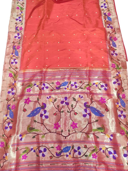 Orange Shot Paithani Handloom Pure Silk Peacock And Flower Design Saree - Luxurion World