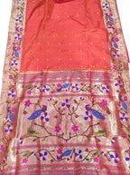 Orange Shot Paithani Handloom Pure Silk Peacock And Flower Design Saree - Luxurion World