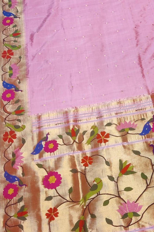 Pink Paithani Handloom Pure Silk Peacock And Flower Design Saree