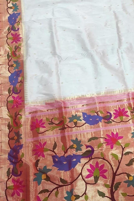 Off White Paithani Handloom Pure Silk Peacock And Flower Design Saree - Luxurion World