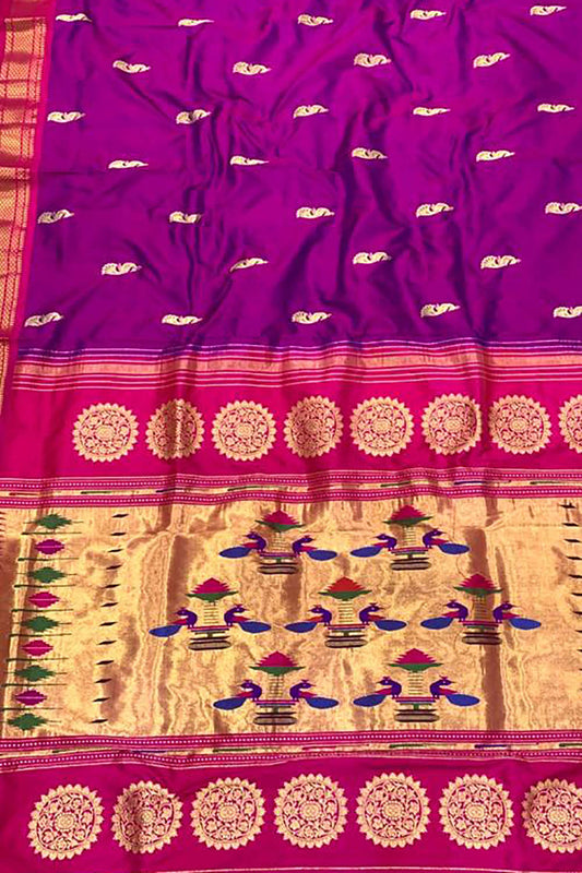 Purple Paithani Handloom Pure Silk Peacock Design Saree - Luxurion World