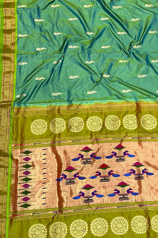 Green Paithani Handloom Pure Silk Peacock Design Saree - Luxurion World